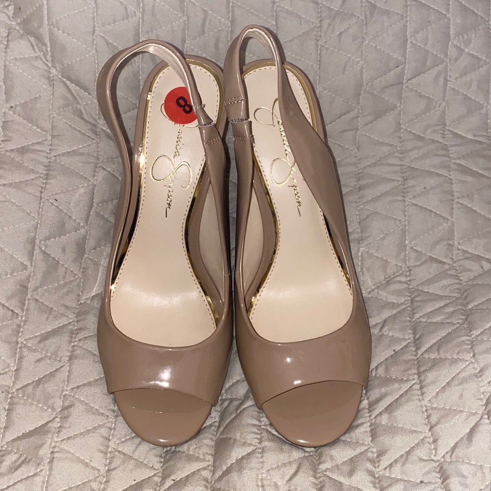 Brand new, Jessica Simpson, wedge heel, size 8, tan, sling back, peekaboo toe.